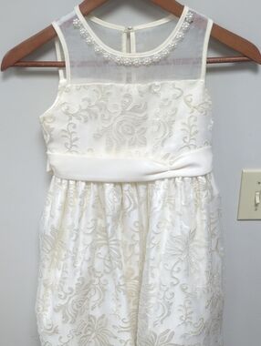 American Princess Cream Floral Lace Overlay Dress with Beaded Yoke